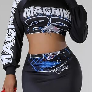 Black Graphic Crop Top and Skirt Set